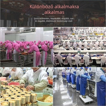 Uniszex élelmiszer-ipari esőcsizma, magas szárú PVC felsőrésszel, gumírozott talppal, olaj- és csúszásálló, egy darabból öntött talppal, minden évszakra