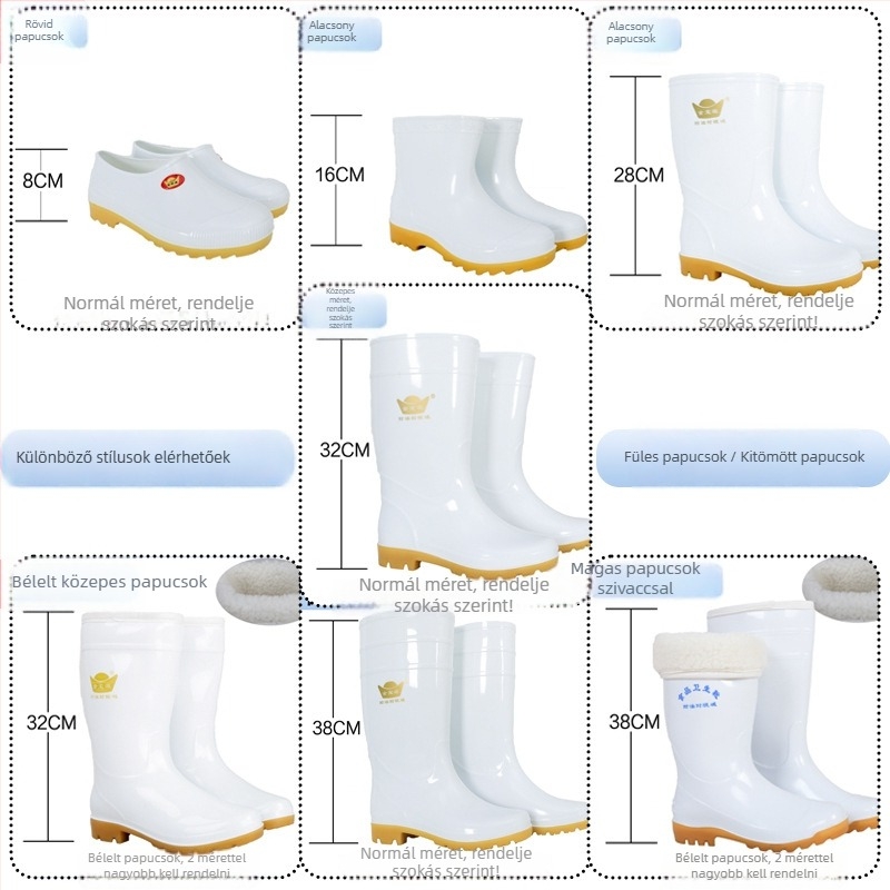 Uniszex élelmiszer-ipari esőcsizma, magas szárú PVC felsőrésszel, gumírozott talppal, olaj- és csúszásálló, egy darabból öntött talppal, minden évszakra