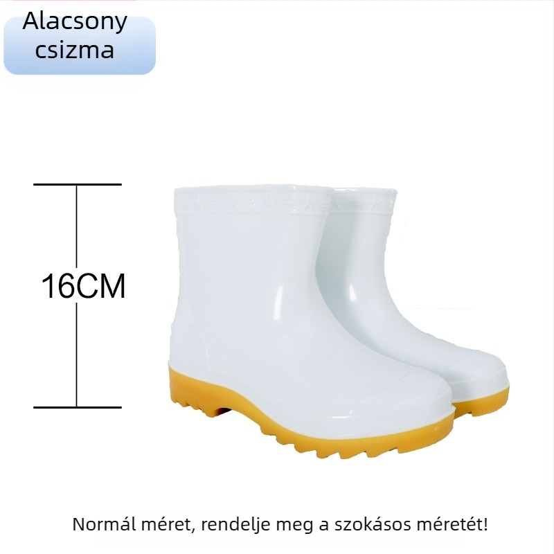 Uniszex élelmiszer-ipari esőcsizma, magas szárú PVC felsőrésszel, gumírozott talppal, olaj- és csúszásálló, egy darabból öntött talppal, minden évszakra
