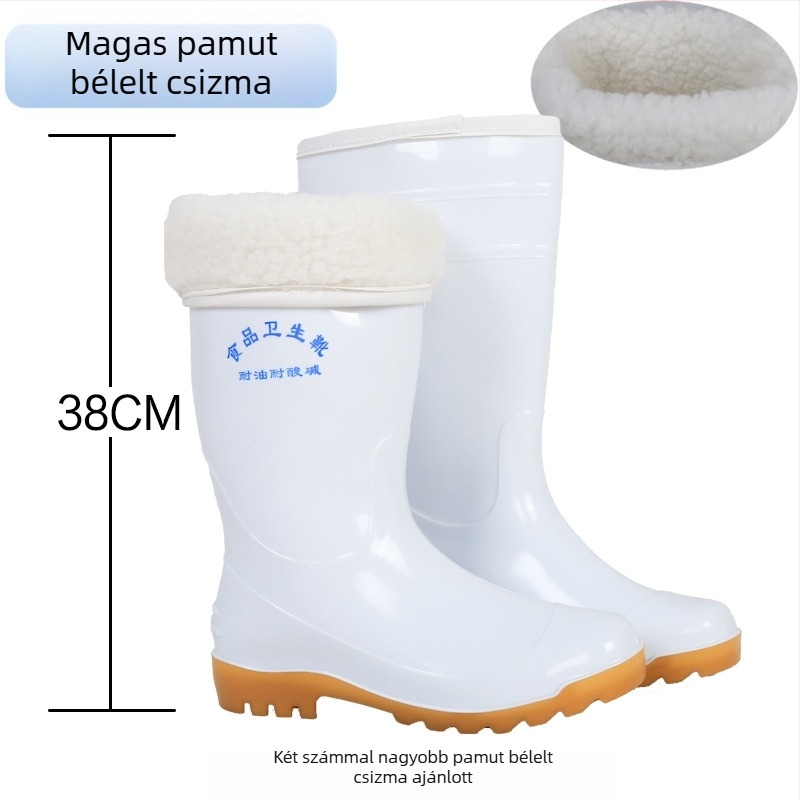 Uniszex élelmiszer-ipari esőcsizma, magas szárú PVC felsőrésszel, gumírozott talppal, olaj- és csúszásálló, egy darabból öntött talppal, minden évszakra