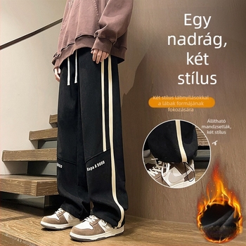 Tinédzser fiúk számára casual sportnadrág fleece béléssel, egyenes szabású, középmagas derék, zsinórzárás, 100% poliészter, tavasz–ősz viselet