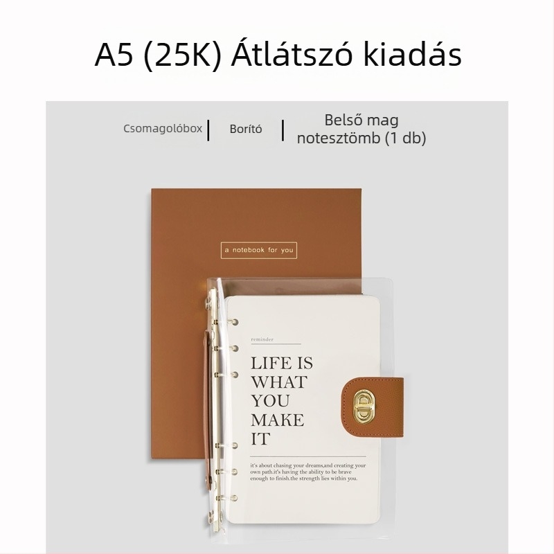 Binder-kötésű jegyzetfüzet, műbőr borító, papír nyers fa cellulózból, 40 g/m2, minimalist stílus