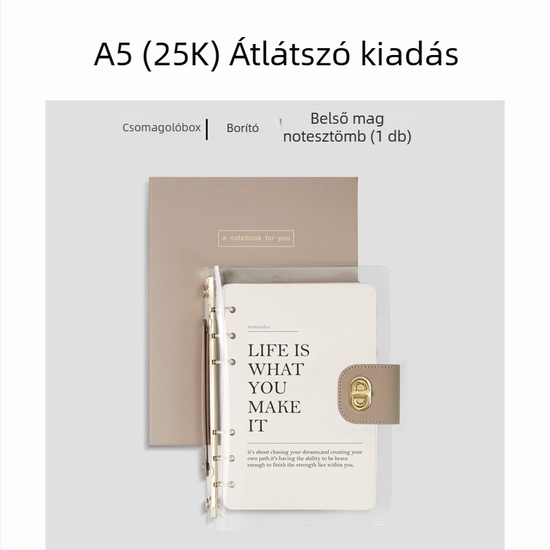 Binder-kötésű jegyzetfüzet, műbőr borító, papír nyers fa cellulózból, 40 g/m2, minimalist stílus