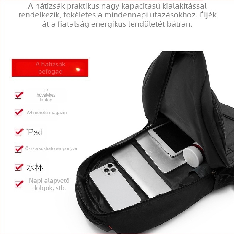 Hátizsák 36–55L, Oxford anyag, lélegző, vízálló, kopásálló, ütéselnyelő, görbült vállpántok, uniszex, mindennapi használatra