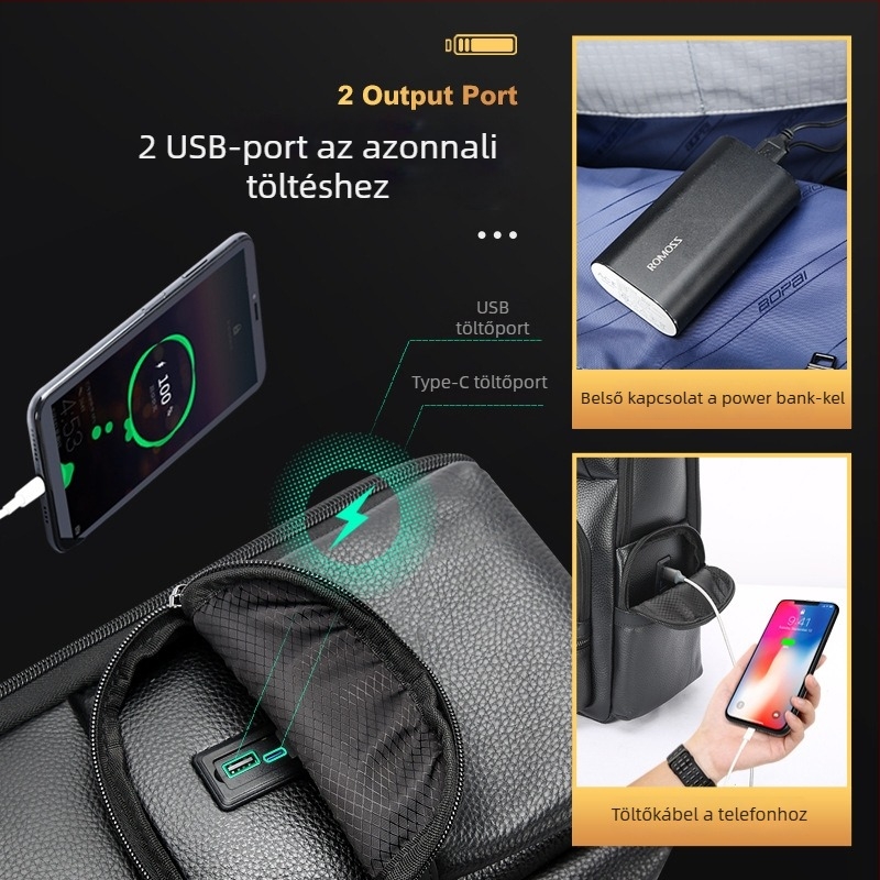 Bo Pai bőr laptophátizsák, 20–35L, USB interfész, férfiaknak üzleti hátizsák