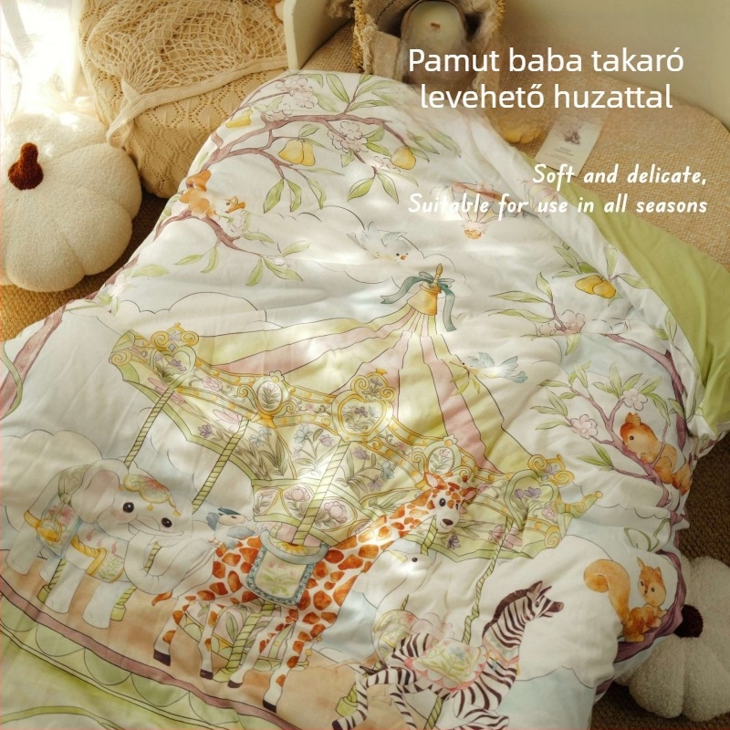 Újszülött babatakaró — 100% pamut anyag, pamut töltet, súly kevesebb mint 0,5 kg, tavasz–ősz használatra