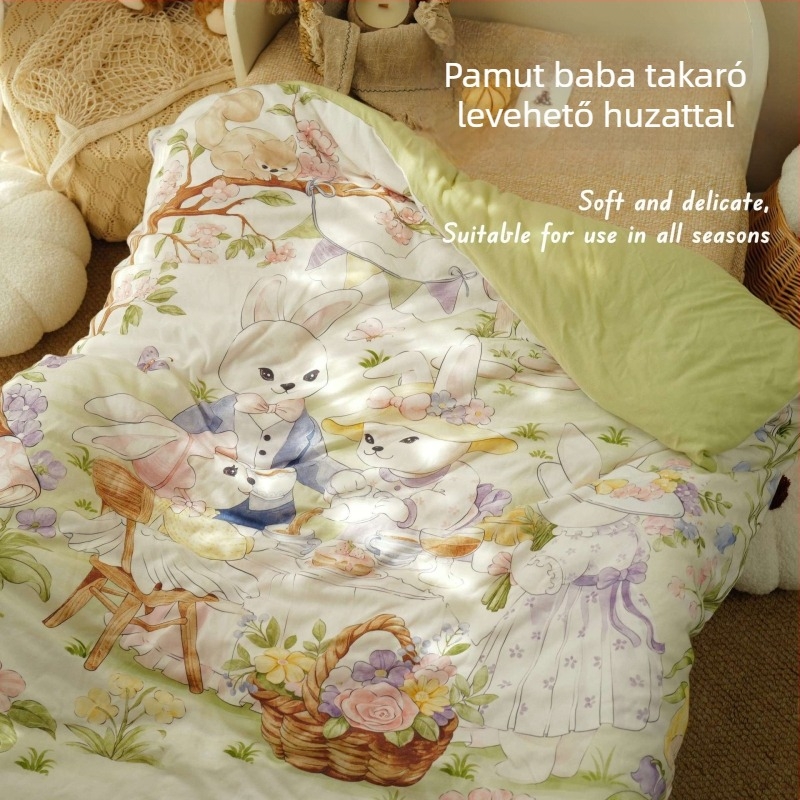 Újszülött babatakaró — 100% pamut anyag, pamut töltet, súly kevesebb mint 0,5 kg, tavasz–ősz használatra