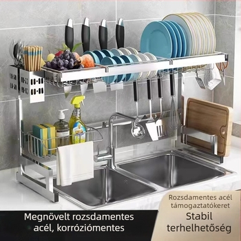 Rozsdamentes acél konyhai tárolóállvány, több rétegű mosogató melletti szárítóállvány, kés tartó, multifunkcionális tárolás