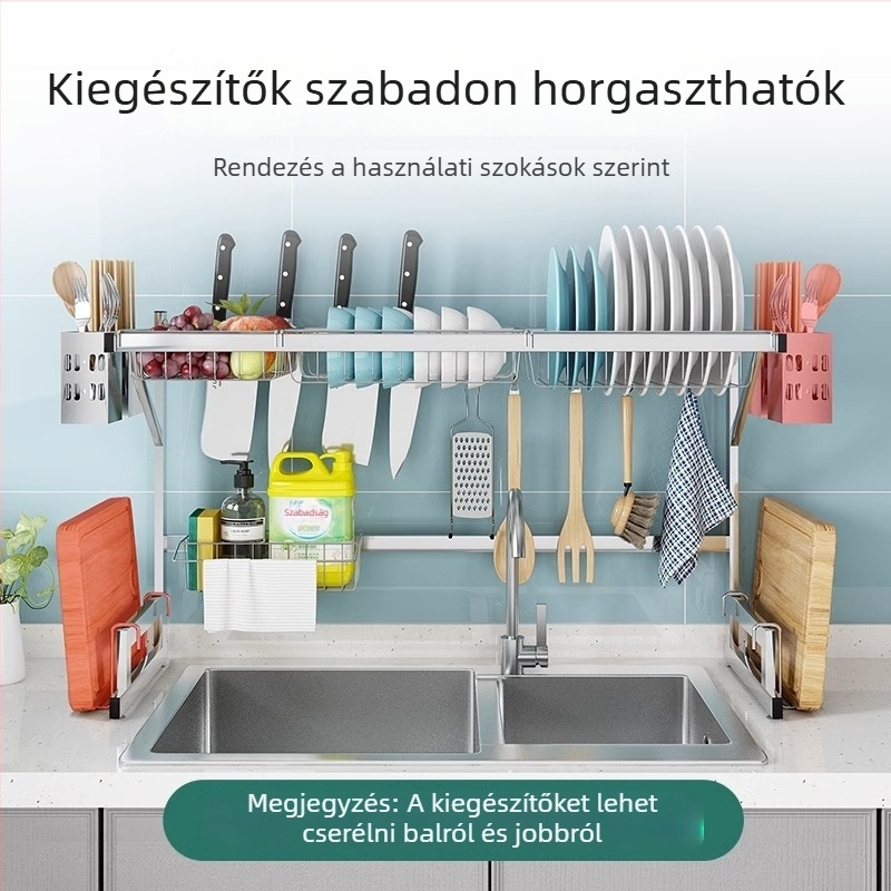 Rozsdamentes acél konyhai tárolóállvány, több rétegű mosogató melletti szárítóállvány, kés tartó, multifunkcionális tárolás