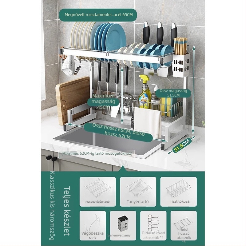 Rozsdamentes acél konyhai tárolóállvány, több rétegű mosogató melletti szárítóállvány, kés tartó, multifunkcionális tárolás