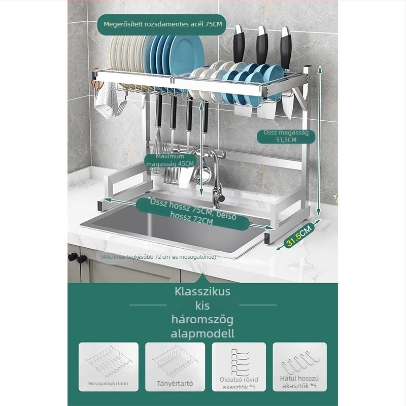 Rozsdamentes acél konyhai tárolóállvány, több rétegű mosogató melletti szárítóállvány, kés tartó, multifunkcionális tárolás