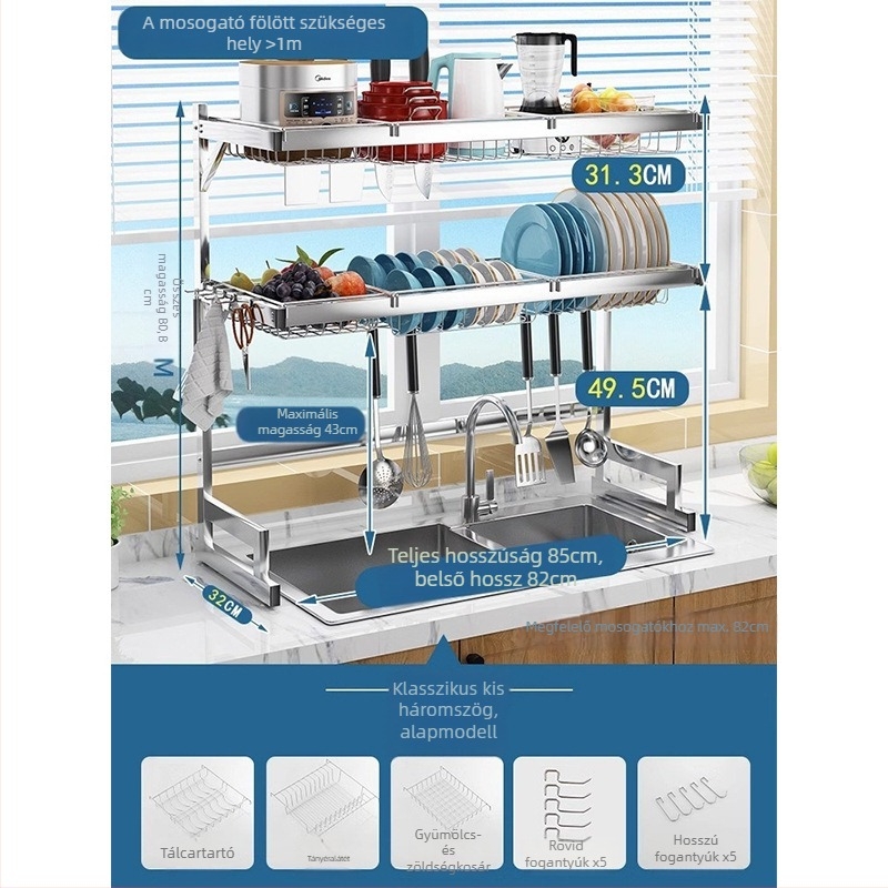 Rozsdamentes acél konyhai tárolóállvány, több rétegű mosogató melletti szárítóállvány, kés tartó, multifunkcionális tárolás
