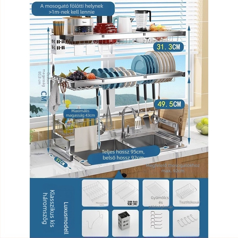 Rozsdamentes acél konyhai tárolóállvány, több rétegű mosogató melletti szárítóállvány, kés tartó, multifunkcionális tárolás