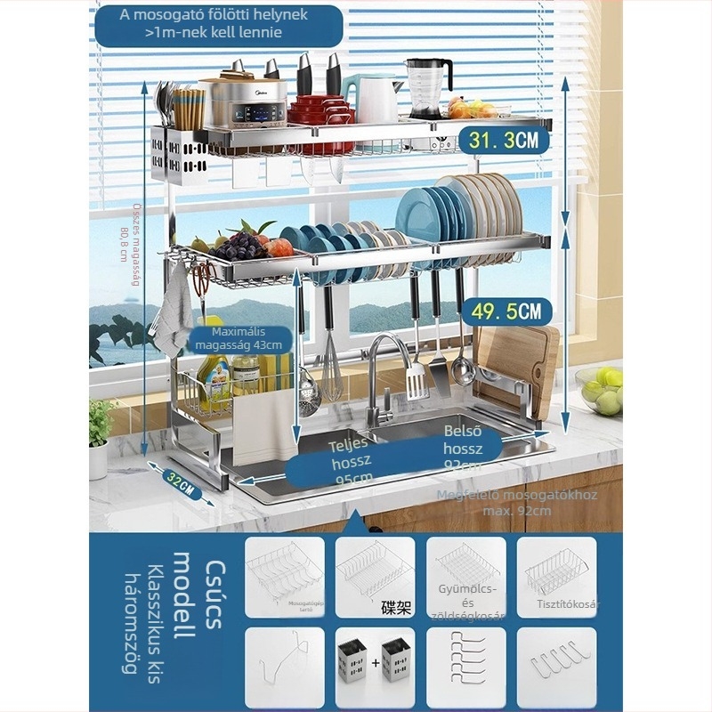 Rozsdamentes acél konyhai tárolóállvány, több rétegű mosogató melletti szárítóállvány, kés tartó, multifunkcionális tárolás
