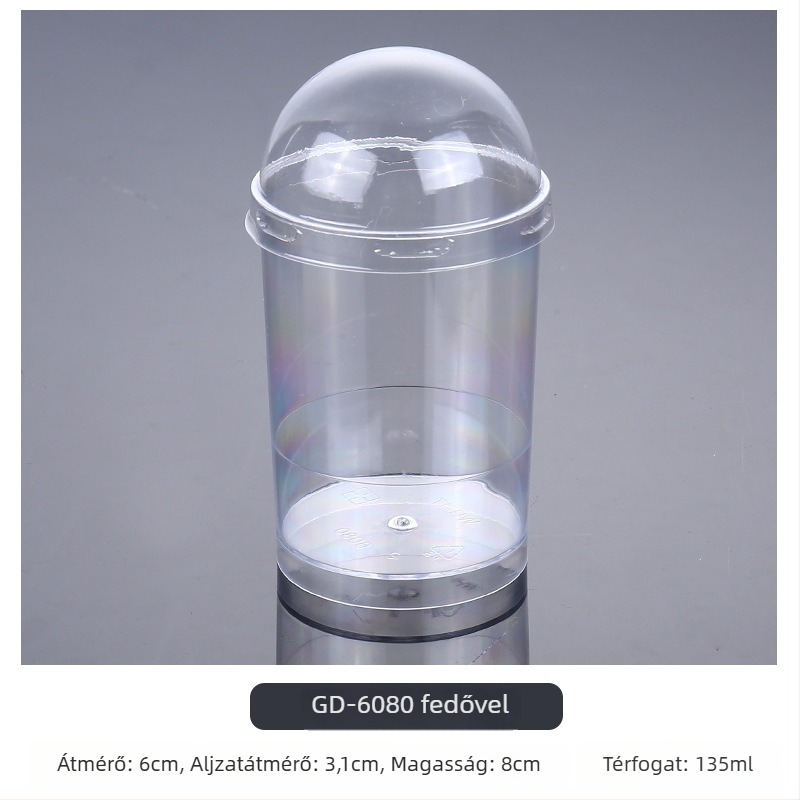 Egyszer használatos mousse pohár, dúsított dizájn, kreatív zselés desszert pohár, modell 7770, PS műanyag, fedéllel, élelmiszer-csomagoláshoz