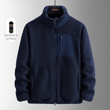Férfi téli fleece kabát álló gallérral, cipzárral, szélvédett, vastag bélés, koreai stílus