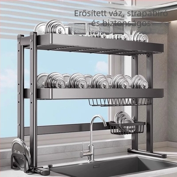 Mosogató fölötti edénytartó állvány, szénacél, többfunkciós konyhai szervező