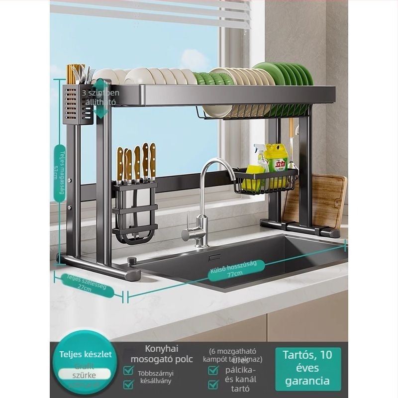 Mosogató fölötti edénytartó állvány, szénacél, többfunkciós konyhai szervező