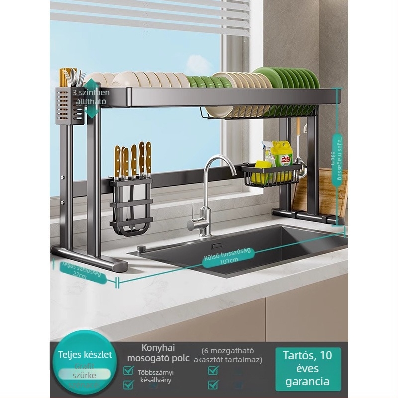 Mosogató fölötti edénytartó állvány, szénacél, többfunkciós konyhai szervező