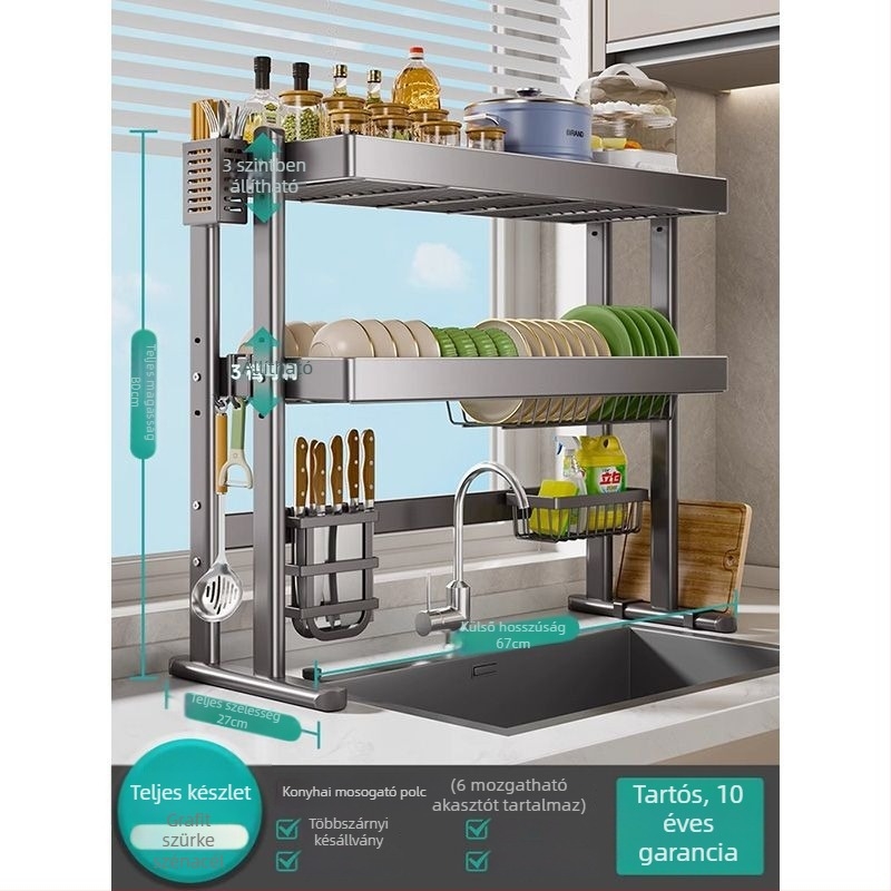 Mosogató fölötti edénytartó állvány, szénacél, többfunkciós konyhai szervező