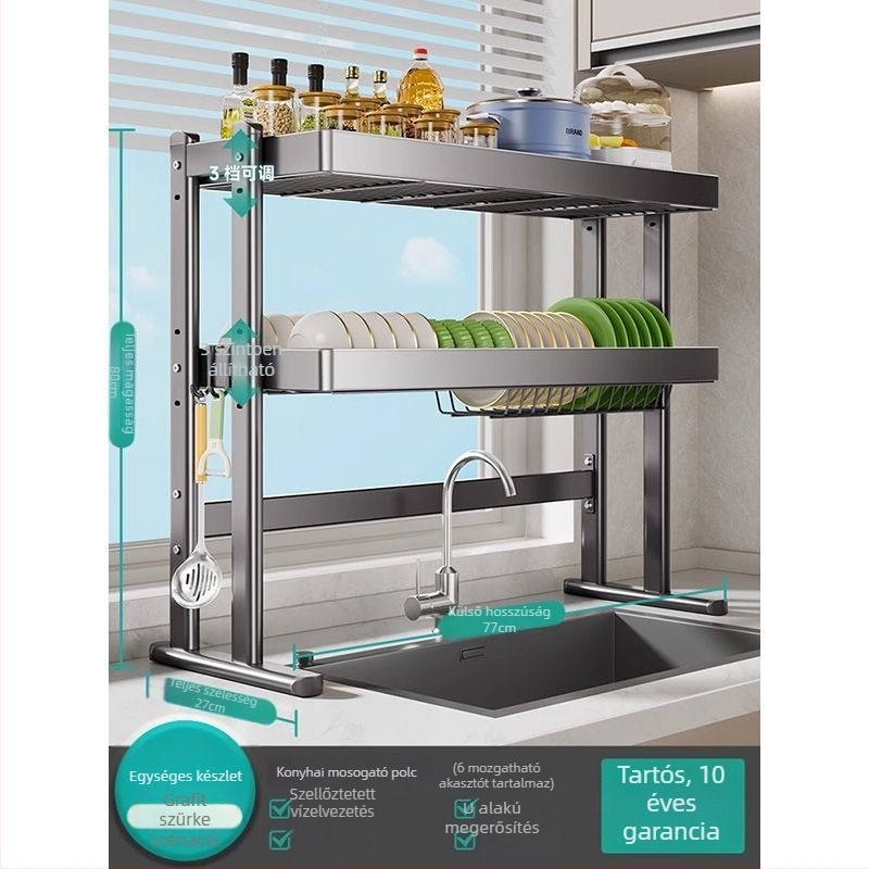 Mosogató fölötti edénytartó állvány, szénacél, többfunkciós konyhai szervező