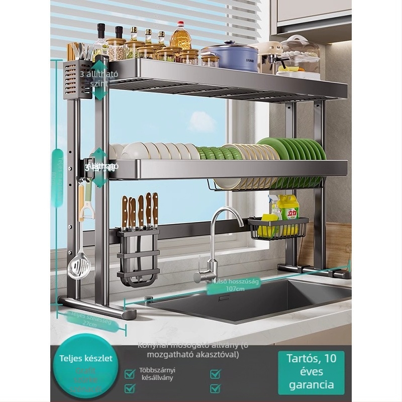 Mosogató fölötti edénytartó állvány, szénacél, többfunkciós konyhai szervező