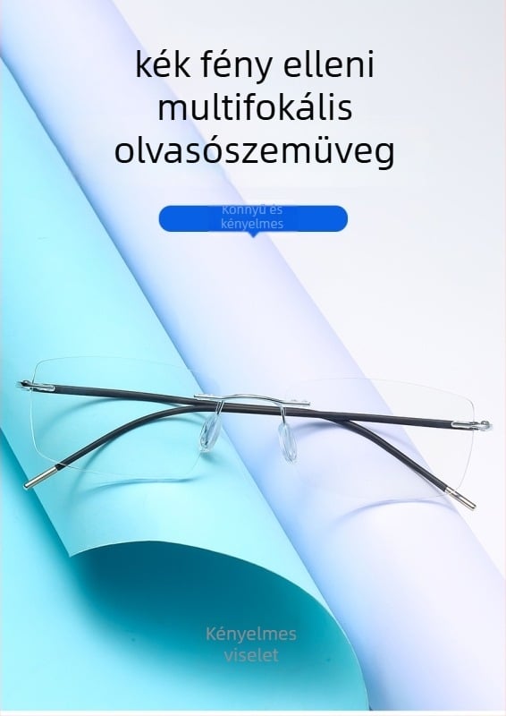 Olvasó szemüveg (preszbiopikus) – keret nélküli, négyszögletes ötvözet keret, progresszív többfokú lencsék anti-kék fény, PC lencsék