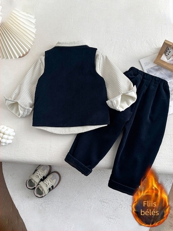 Koreai stílusú két részes gyerek öltöny, corduroy anyag, 50% pamut, csíkos minta, 1–3 éveseknek, ősz-tél szezonra