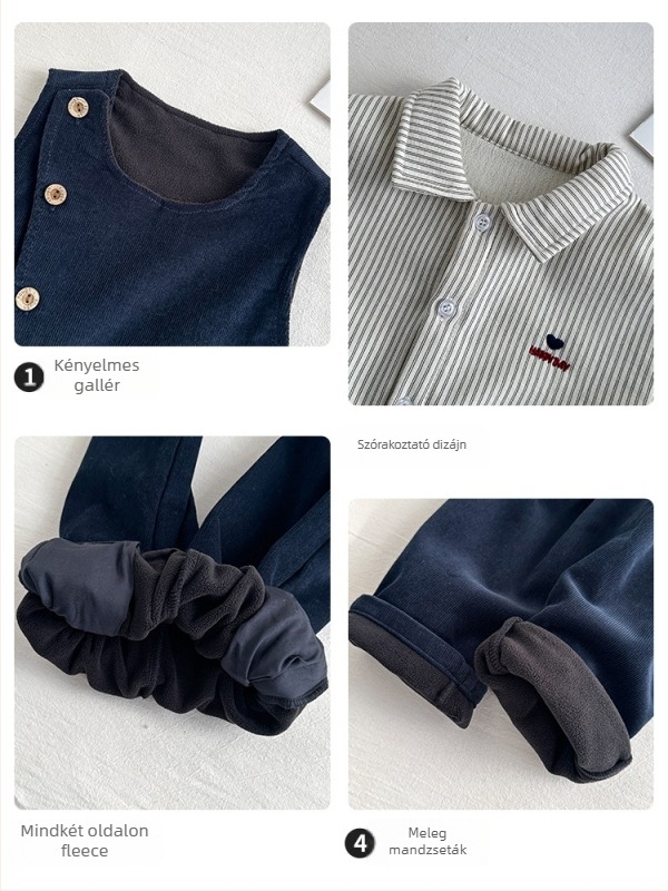 Koreai stílusú két részes gyerek öltöny, corduroy anyag, 50% pamut, csíkos minta, 1–3 éveseknek, ősz-tél szezonra