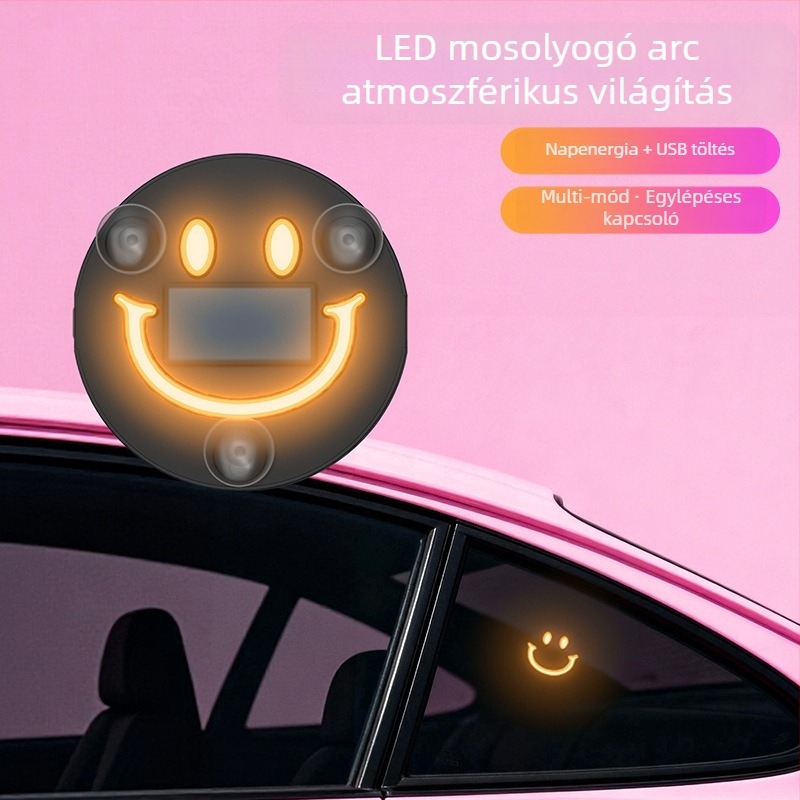 Autó belső LED hangulatvilágítás mosolygós arccal, háromszög alakú ablakhoz, hat színű dekoratív neonfény, modell XL01, 0.5W, 5V, szívókorongos rögzítés, ABS