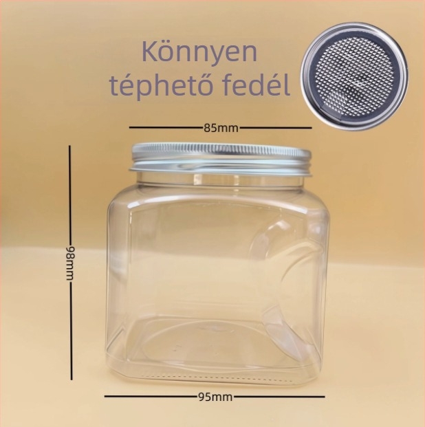 Műanyag tárolóedény fedővel, PET anyagból, modell 85×98, diófélékhez (pisztácia, kesudió)