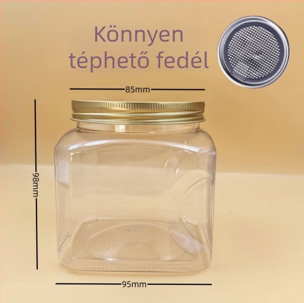 Műanyag tárolóedény fedővel, PET anyagból, modell 85×98, diófélékhez (pisztácia, kesudió)