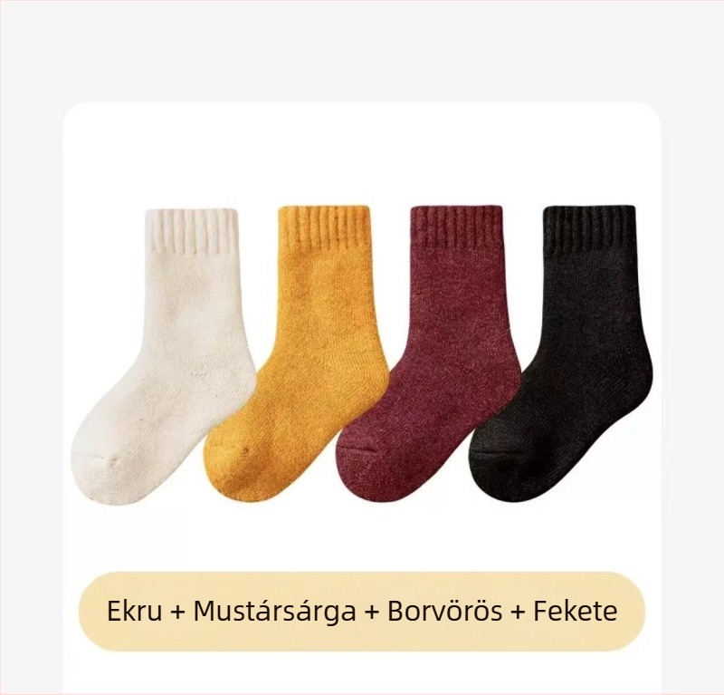 Gyerekek gyapjú zoknijai, vastag fleece-bélés, terry kötés, téli meleg, egyszínű, uniszex, 3–8 éveseknek (100–140 cm)