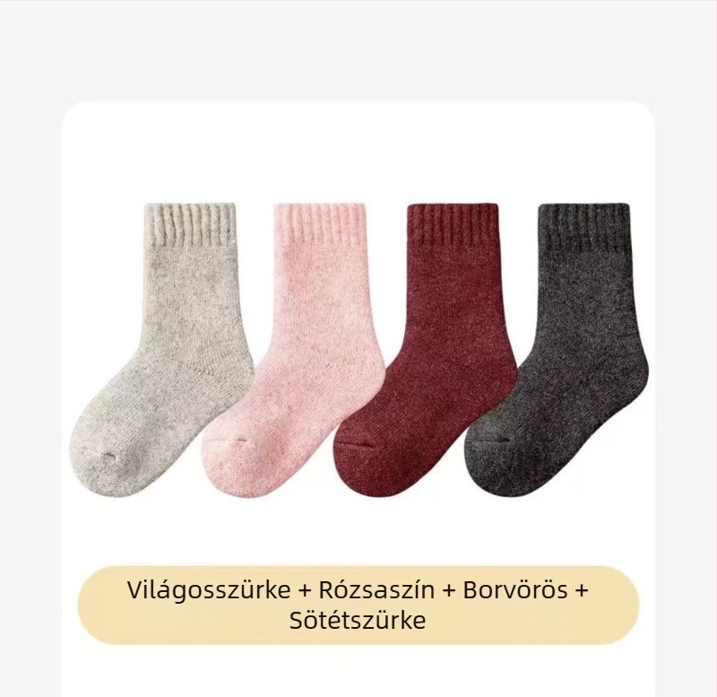 Gyerekek gyapjú zoknijai, vastag fleece-bélés, terry kötés, téli meleg, egyszínű, uniszex, 3–8 éveseknek (100–140 cm)