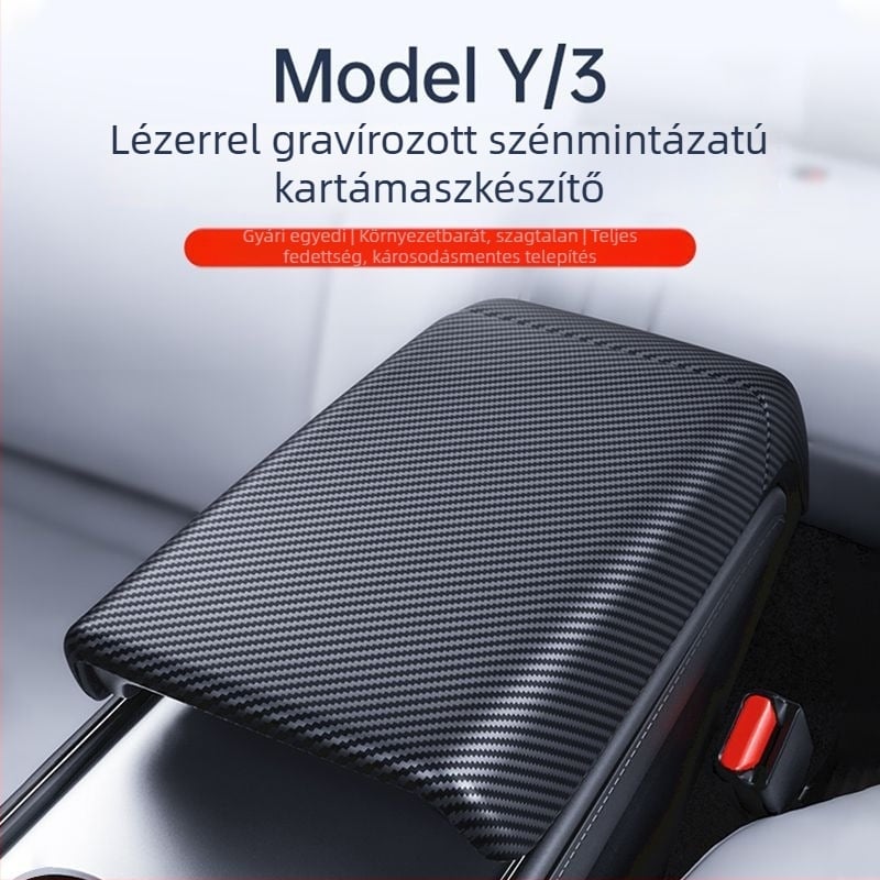 Tesla Model 3/Y Karbonszálas kartámaszfedél és hátsó légkivezető védőfedél – Belső módosítási kiegészítő