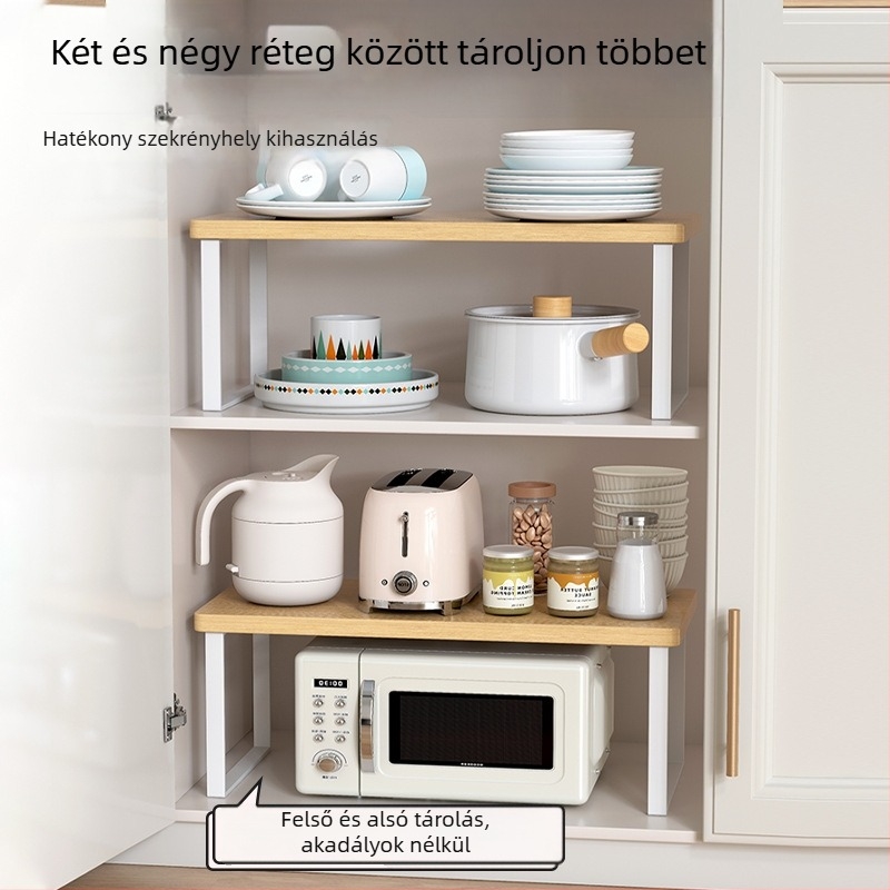 Fából készült konyhai mikrohullámú sütő polc — multifunkcionális, többszintes, a munkalapra helyezhető