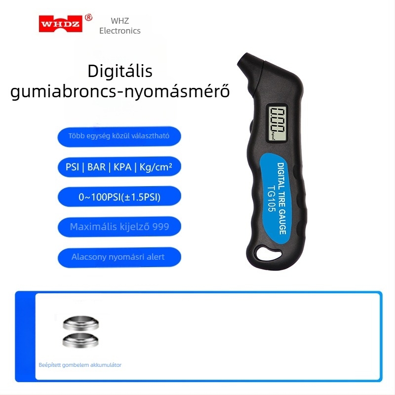 WHDZ TG105 gumiabroncsnyomásmérő digitális kijelzővel, többfunkciós nyomásmérő puskával és LED‑fénnyel, 0,1 PSI pontosság