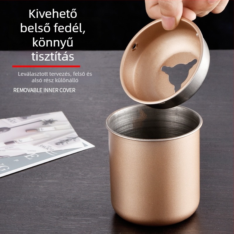 Rozsdamentes acél hamutartó fedővel, Family Lai márka, újrahasználható, logó nélküli