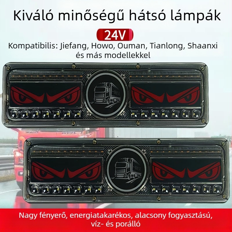 12V/24V teherautó-trailer LED hátsó lámpa, magas fényerő, folyóvíz effekt, oroszlánszem dizájn, vízálló, anti-ütközés hátul, fék- és ködfény