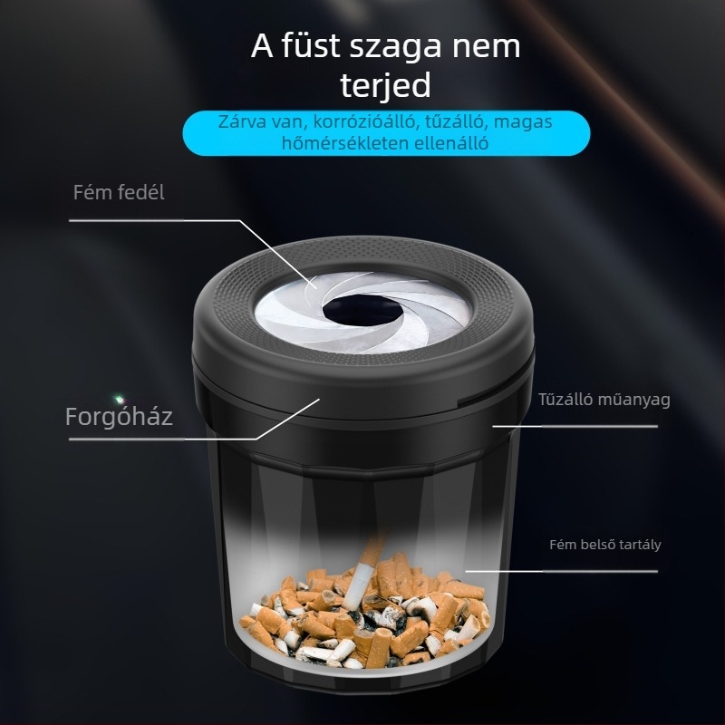 Fém- és műanyag autó- és asztali hamutartó, újrahasználható, egy kattintásos forgó fedél, logó nyomtatás elérhető, személyre szabható ajándék
