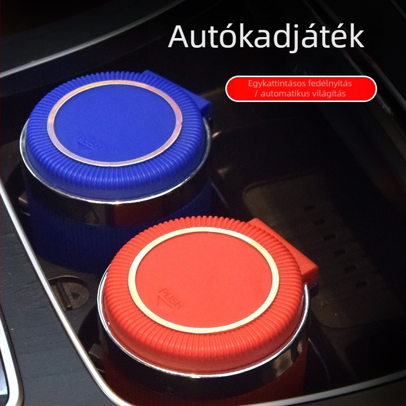 Autós hamutartó, többsfunkciós nyomásra nyíló fedéllel, belső ABS bevonattal, LED világítással, tűzálló 4A osztályú, modell 021, súly 122 g