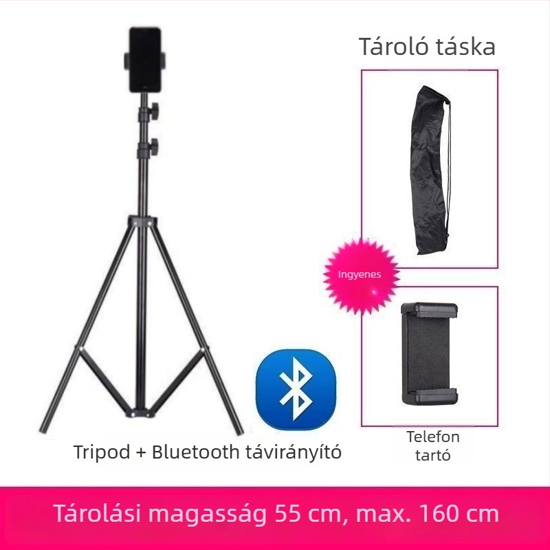 Mobiltelefon-tartó és tripod élő közvetítéshez, univerzális fotózáshoz, asztali vagy álló kivitel, teleszkópos, rozsdamentes acél