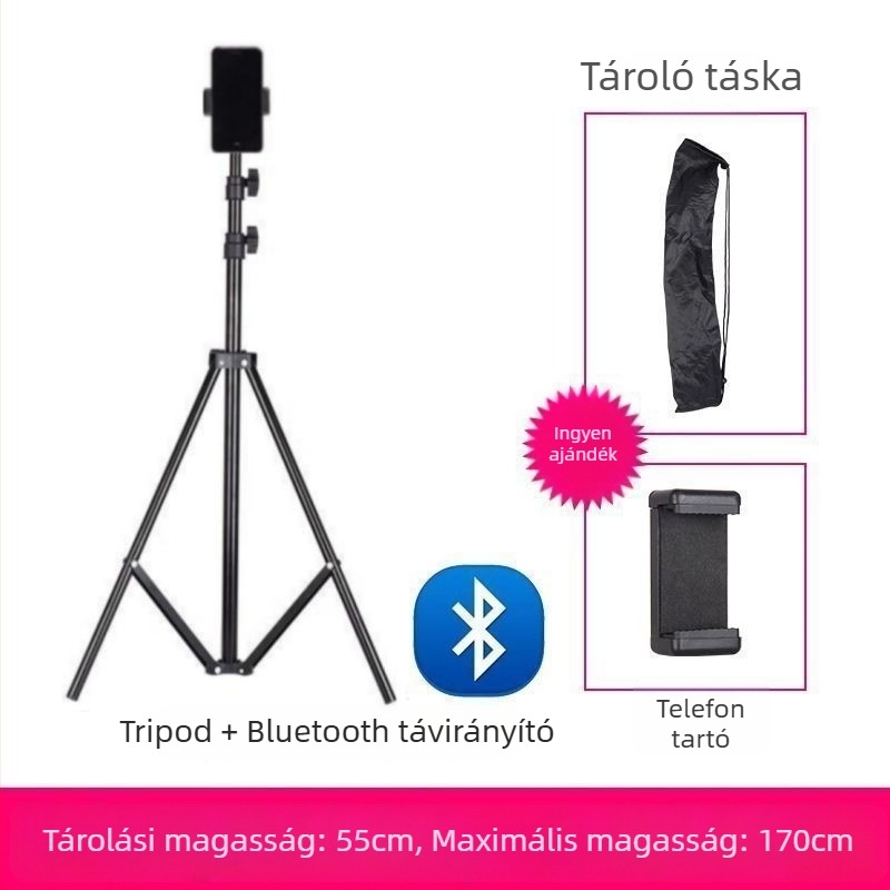 Mobiltelefon-tartó és tripod élő közvetítéshez, univerzális fotózáshoz, asztali vagy álló kivitel, teleszkópos, rozsdamentes acél