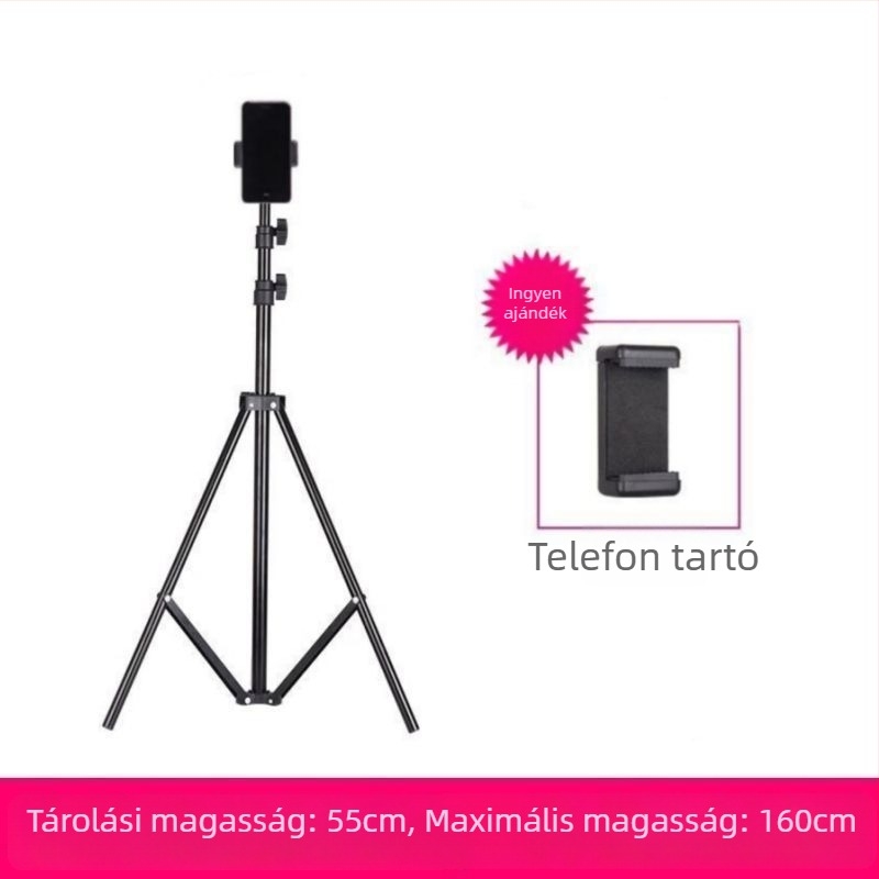 Mobiltelefon-tartó és tripod élő közvetítéshez, univerzális fotózáshoz, asztali vagy álló kivitel, teleszkópos, rozsdamentes acél