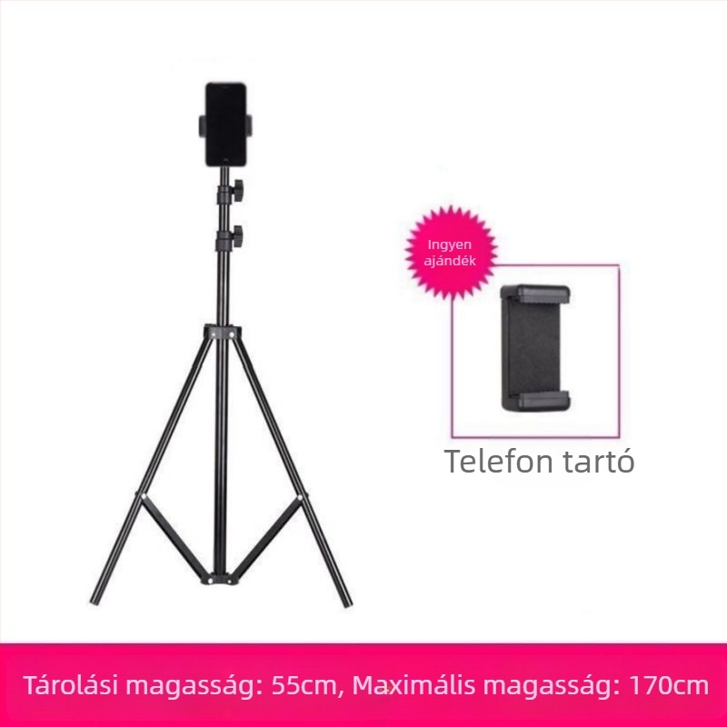 Mobiltelefon-tartó és tripod élő közvetítéshez, univerzális fotózáshoz, asztali vagy álló kivitel, teleszkópos, rozsdamentes acél