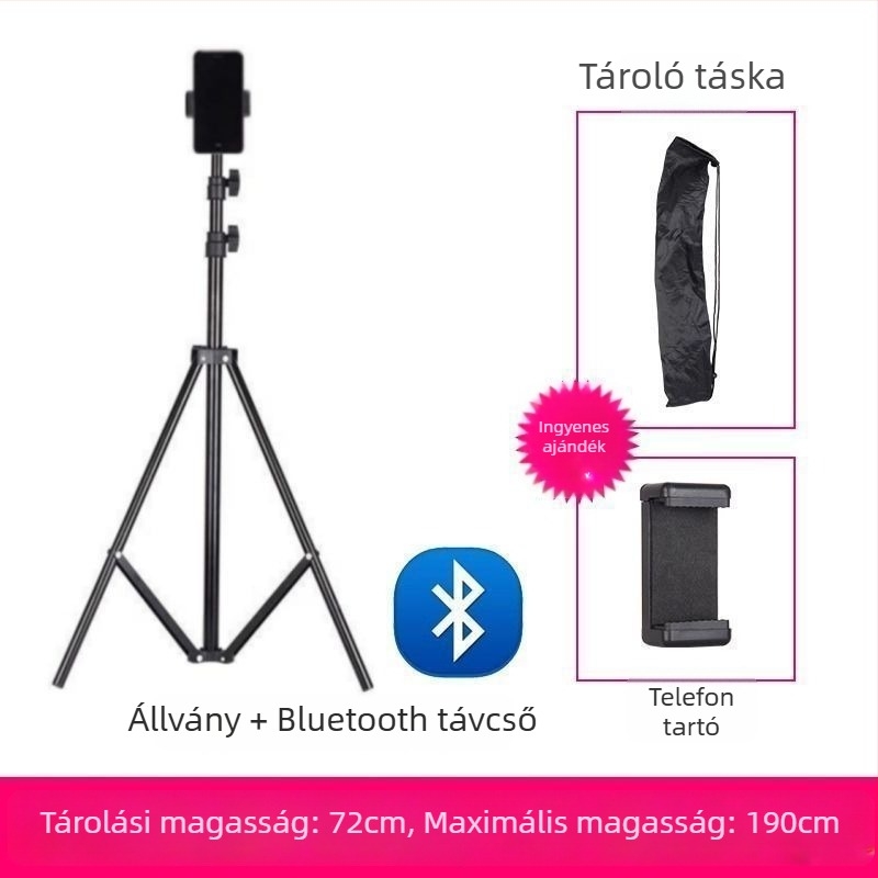 Mobiltelefon-tartó és tripod élő közvetítéshez, univerzális fotózáshoz, asztali vagy álló kivitel, teleszkópos, rozsdamentes acél
