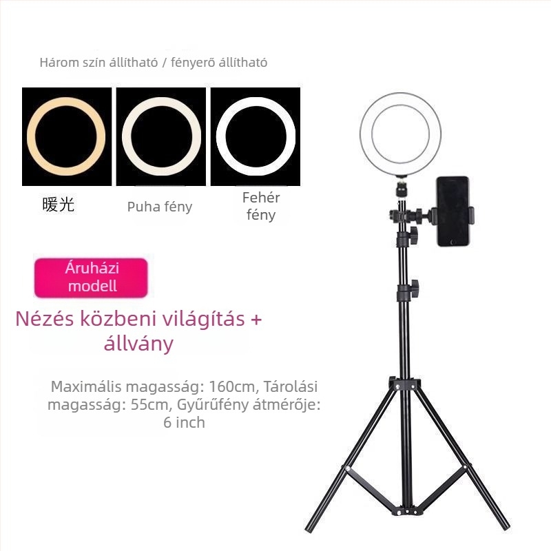 Mobiltelefon-tartó és tripod élő közvetítéshez, univerzális fotózáshoz, asztali vagy álló kivitel, teleszkópos, rozsdamentes acél
