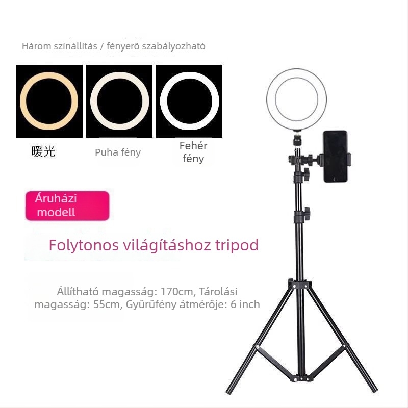 Mobiltelefon-tartó és tripod élő közvetítéshez, univerzális fotózáshoz, asztali vagy álló kivitel, teleszkópos, rozsdamentes acél