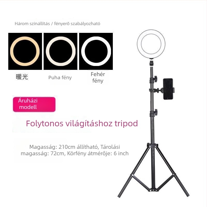 Mobiltelefon-tartó és tripod élő közvetítéshez, univerzális fotózáshoz, asztali vagy álló kivitel, teleszkópos, rozsdamentes acél