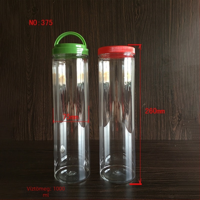 PET áttetsző egyenes palack fogantyúval és széles szájú kupakkal napi vegyi anyagok csomagolásához, logó nyomtatva